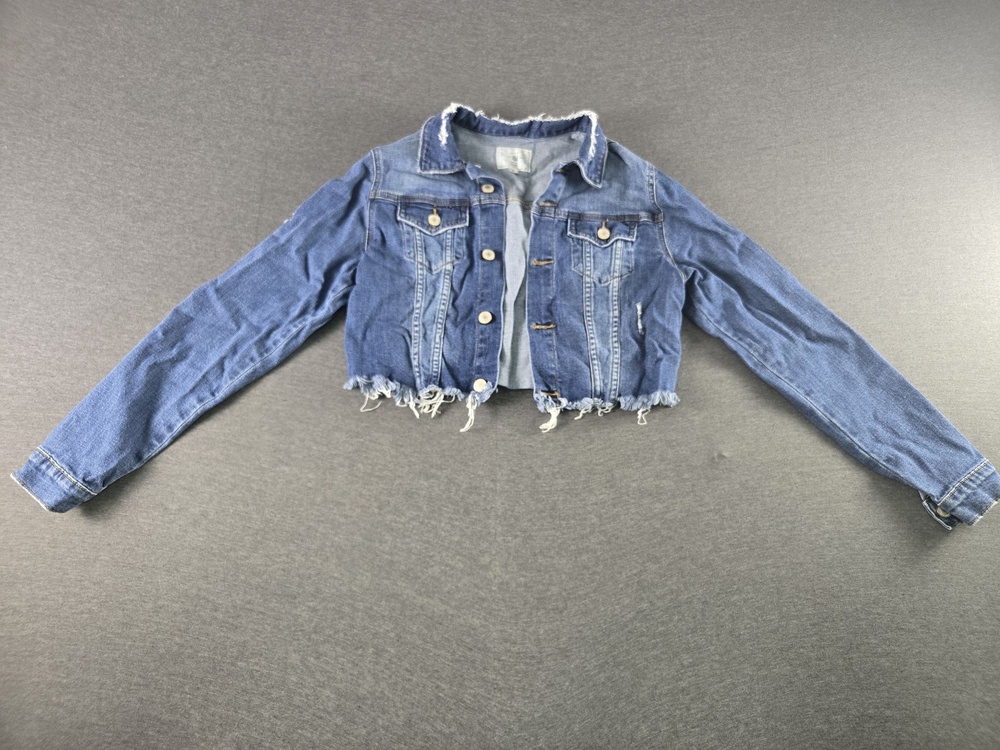 I&M Black Label Jacket Womens Small Blue Denim Cropped Raw Hem Distressed Y2K